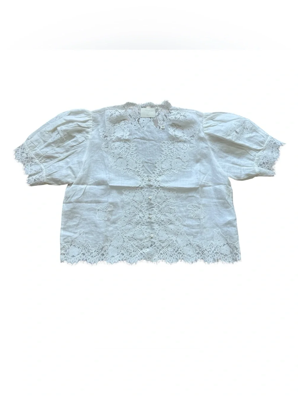 DÔEN Idella Top Salt White Lace Ramie Puff Sleeve Romantic Blouse L Cottagecore